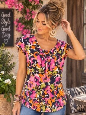 Liz Claiborne Floral Tunic Top M Pink Orange Abstract Print Relaxed Blouse